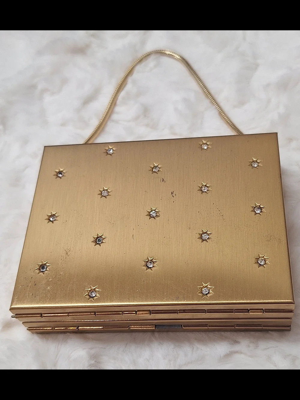 Gold Tone Starburst Rhinestone MCM Embellished Box Compact Clutch Mirror Handbag